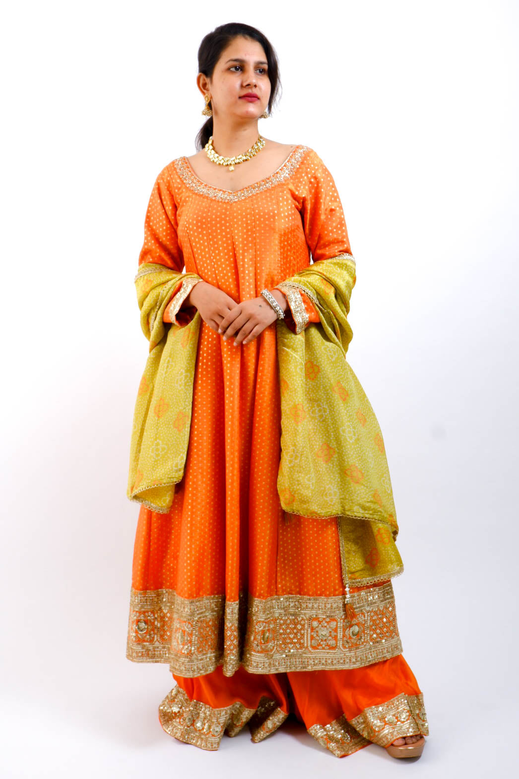 DH146-O-Orange Green Anarkali Sharara Suit - Dharini's Store