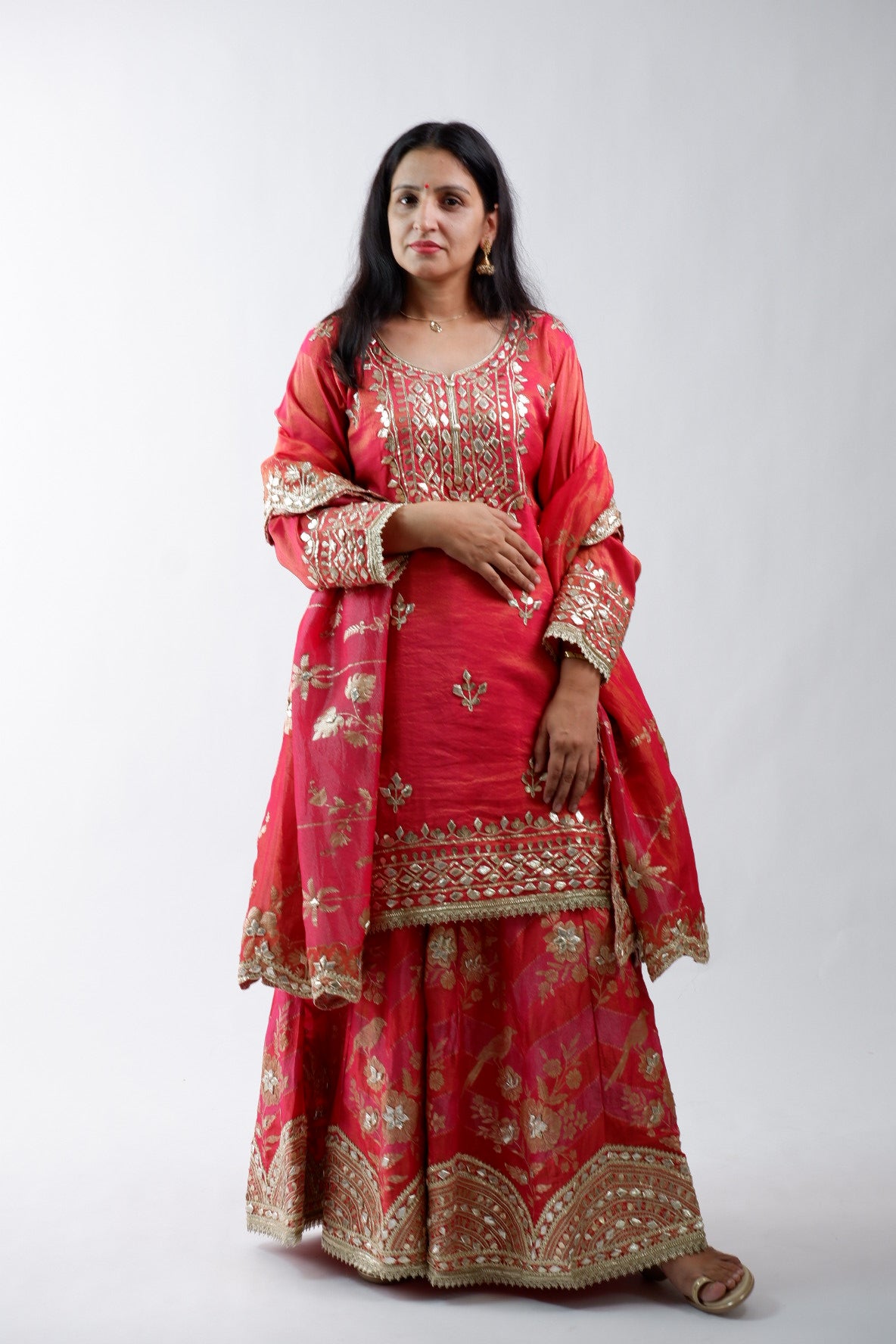 DH238-Deep Red Suit With Heavy Golden Embroidery & Floral Dupatta