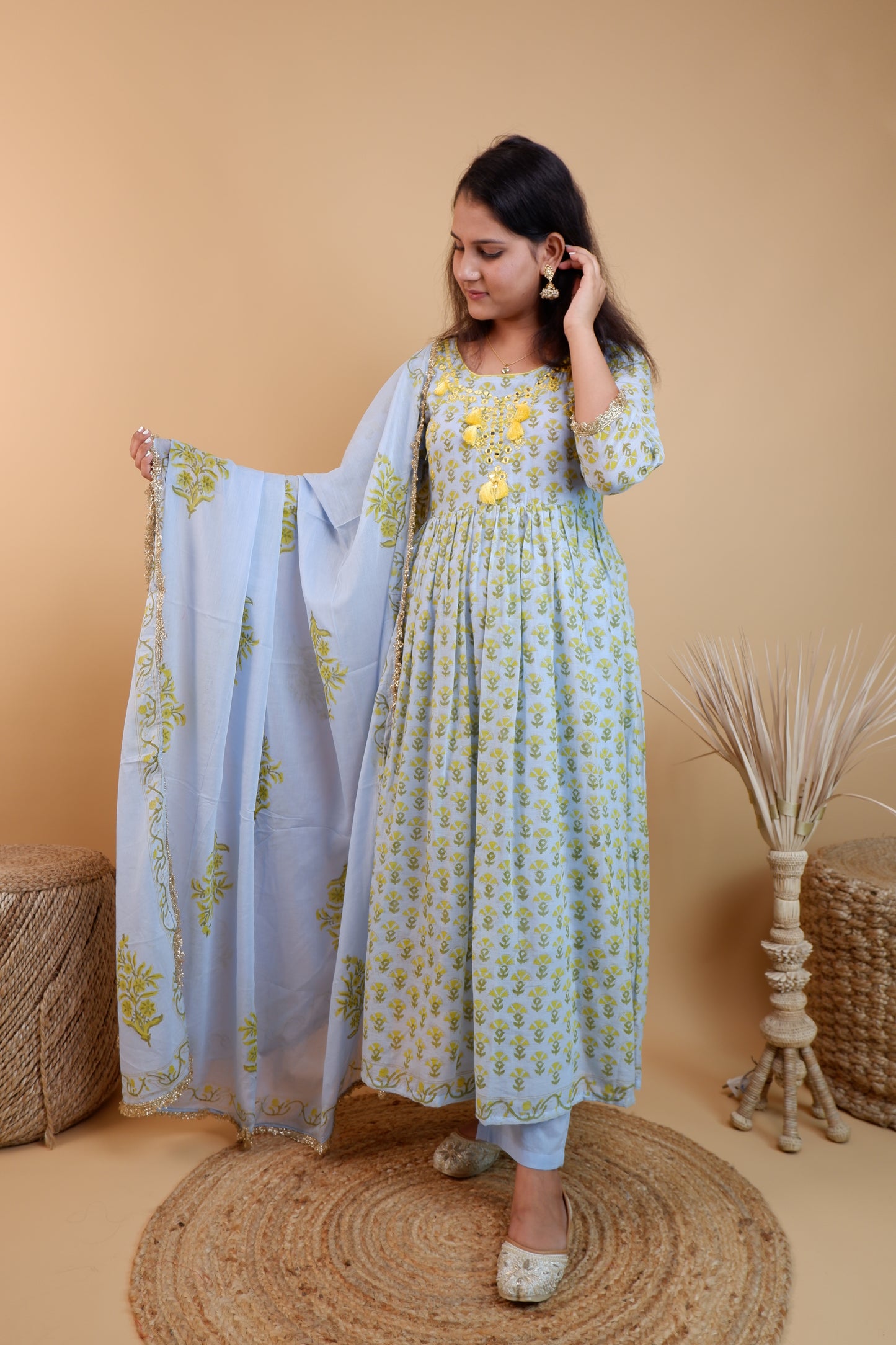 DHO108B- Floral Printed Mirror Work Anarkali Suit with Dupatta