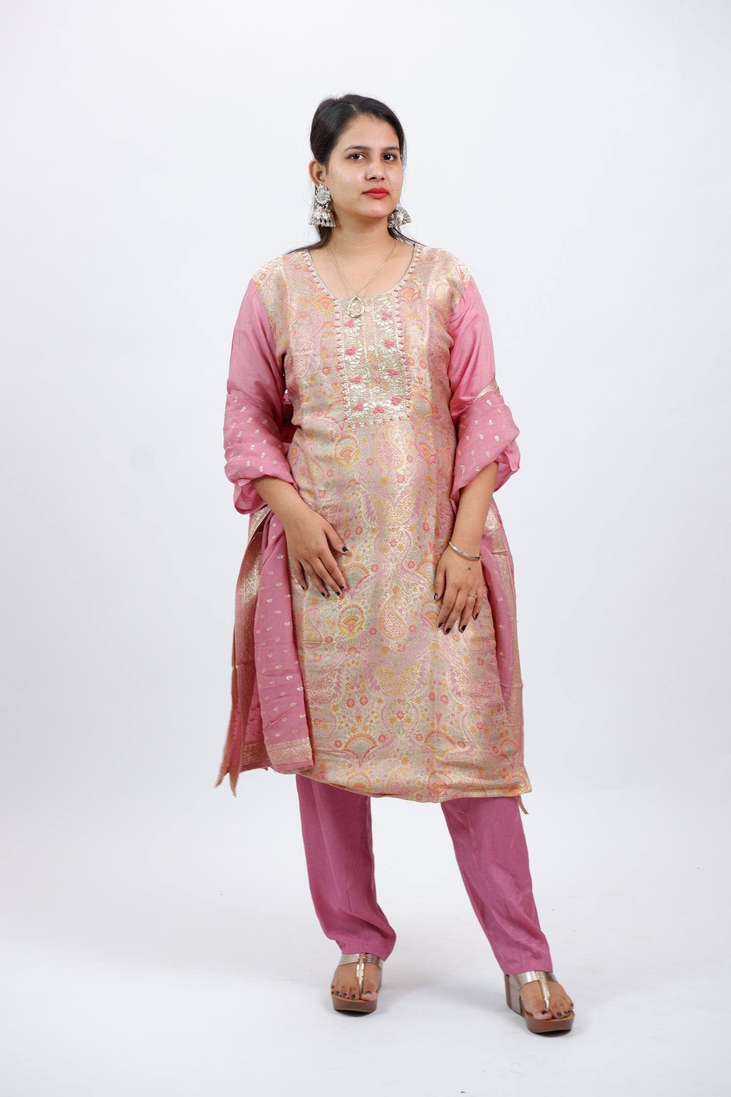 DH233-Dusty Pink Suit With Paisley Zari Weaving & Embroidery Dupatta