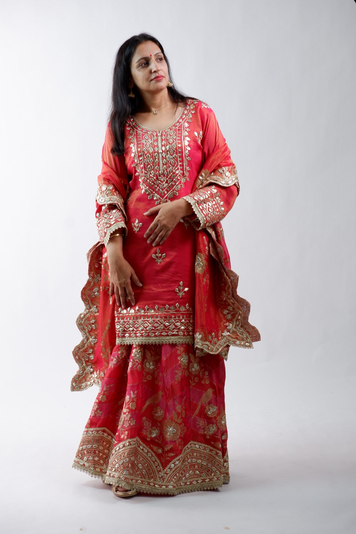 DH238-Deep Red Suit With Heavy Golden Embroidery & Floral Dupatta