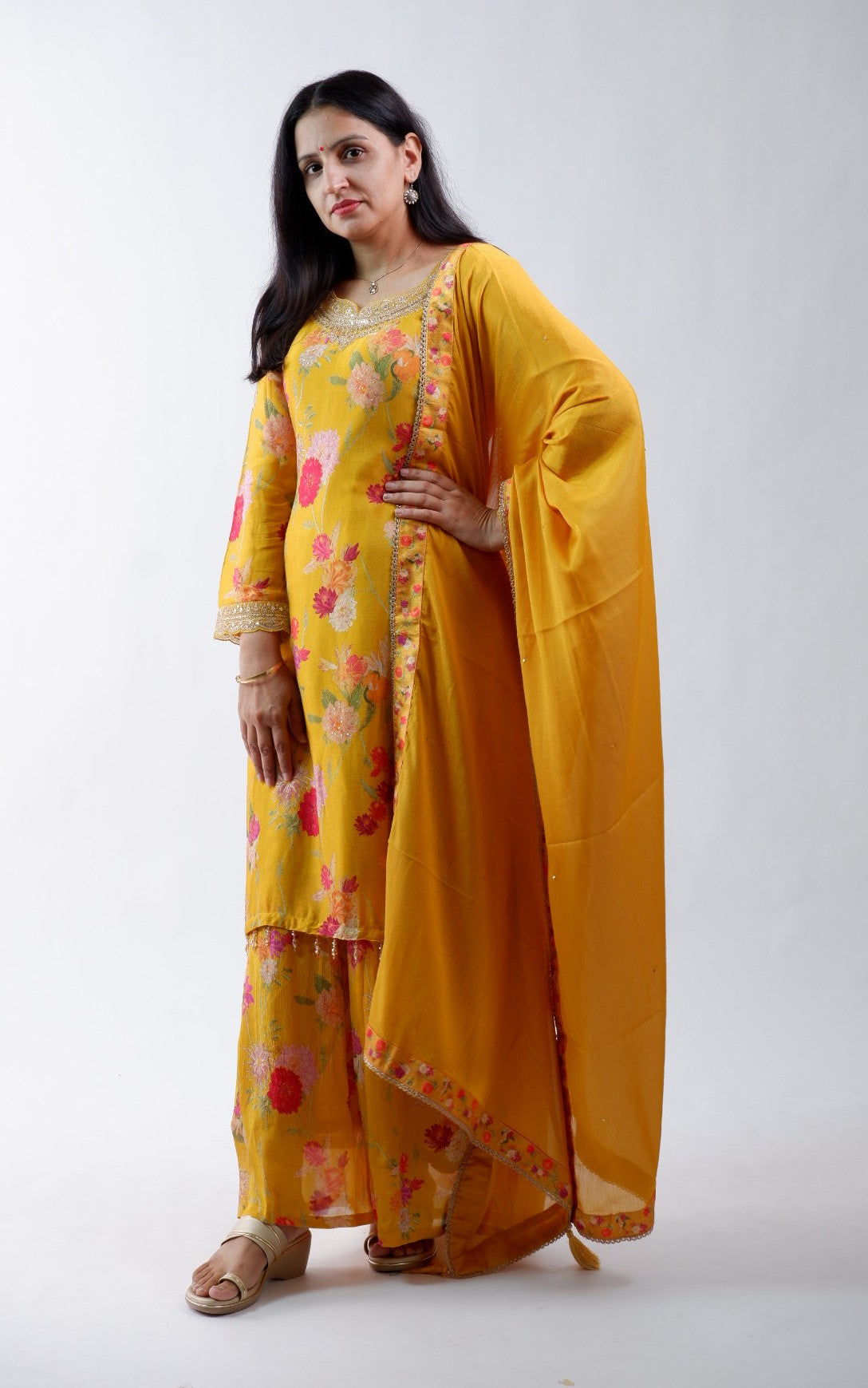 DH231-Mustard Yellow Floral Suit with Embellished Neckline & Dupatta