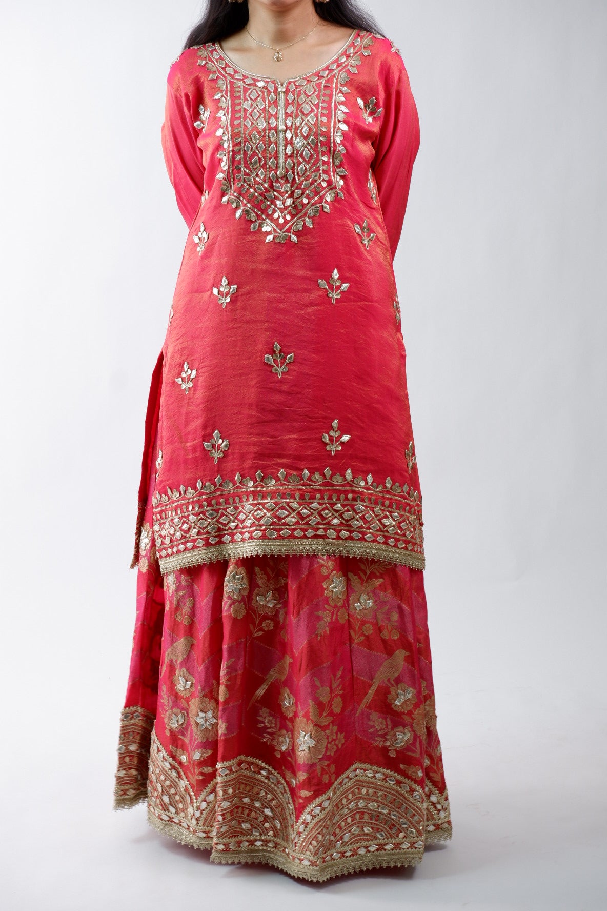 DH238-Deep Red Suit With Heavy Golden Embroidery & Floral Dupatta