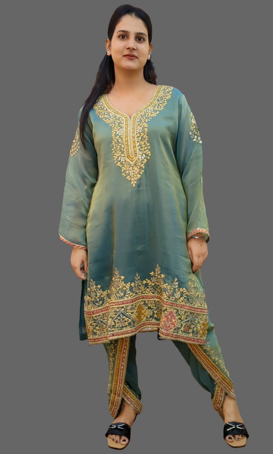 DH236-Teal Green Suit With Golden Embroidery And Contrast Red Border