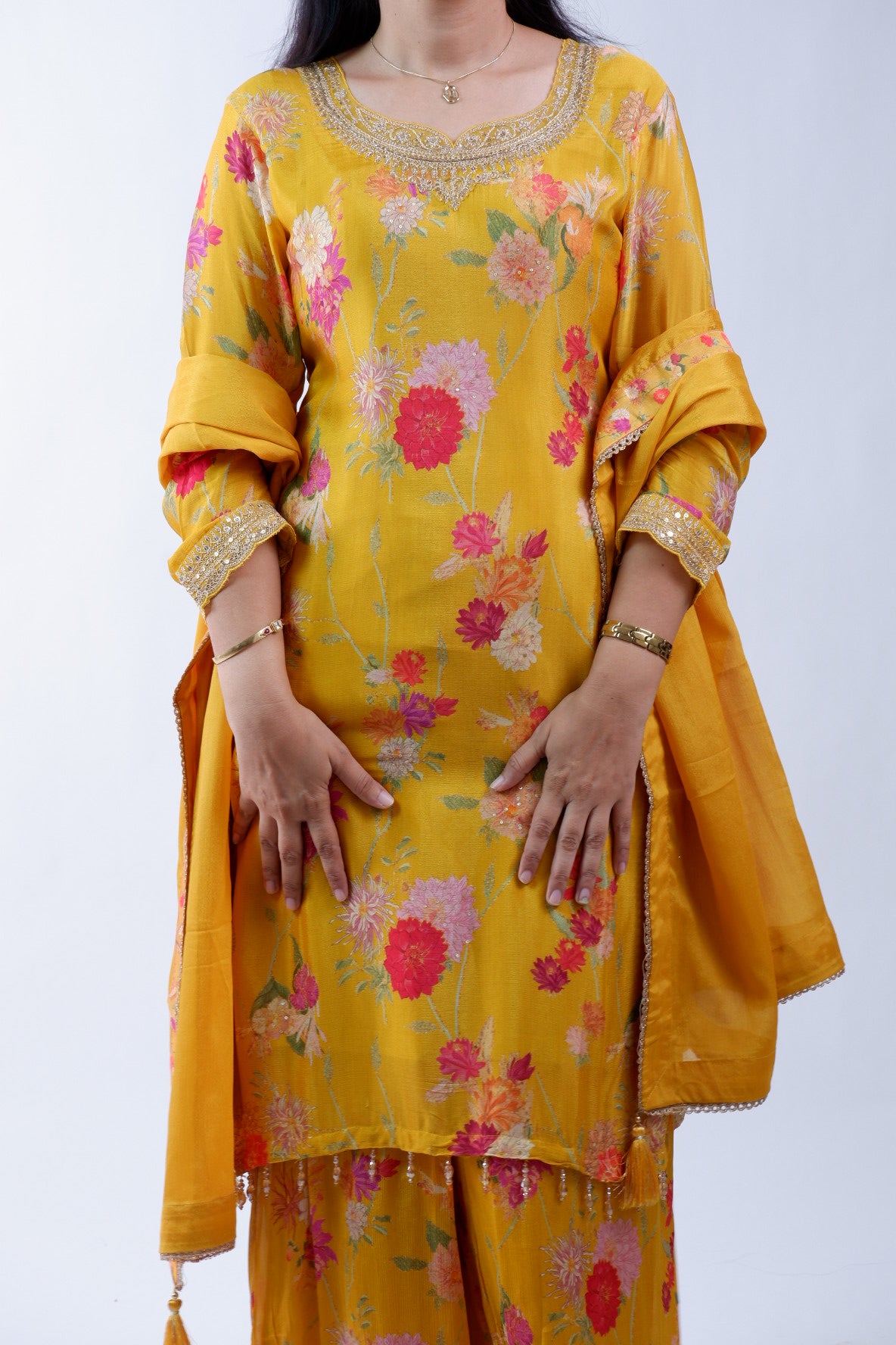DH231-Mustard Yellow Floral Suit with Embellished Neckline & Dupatta