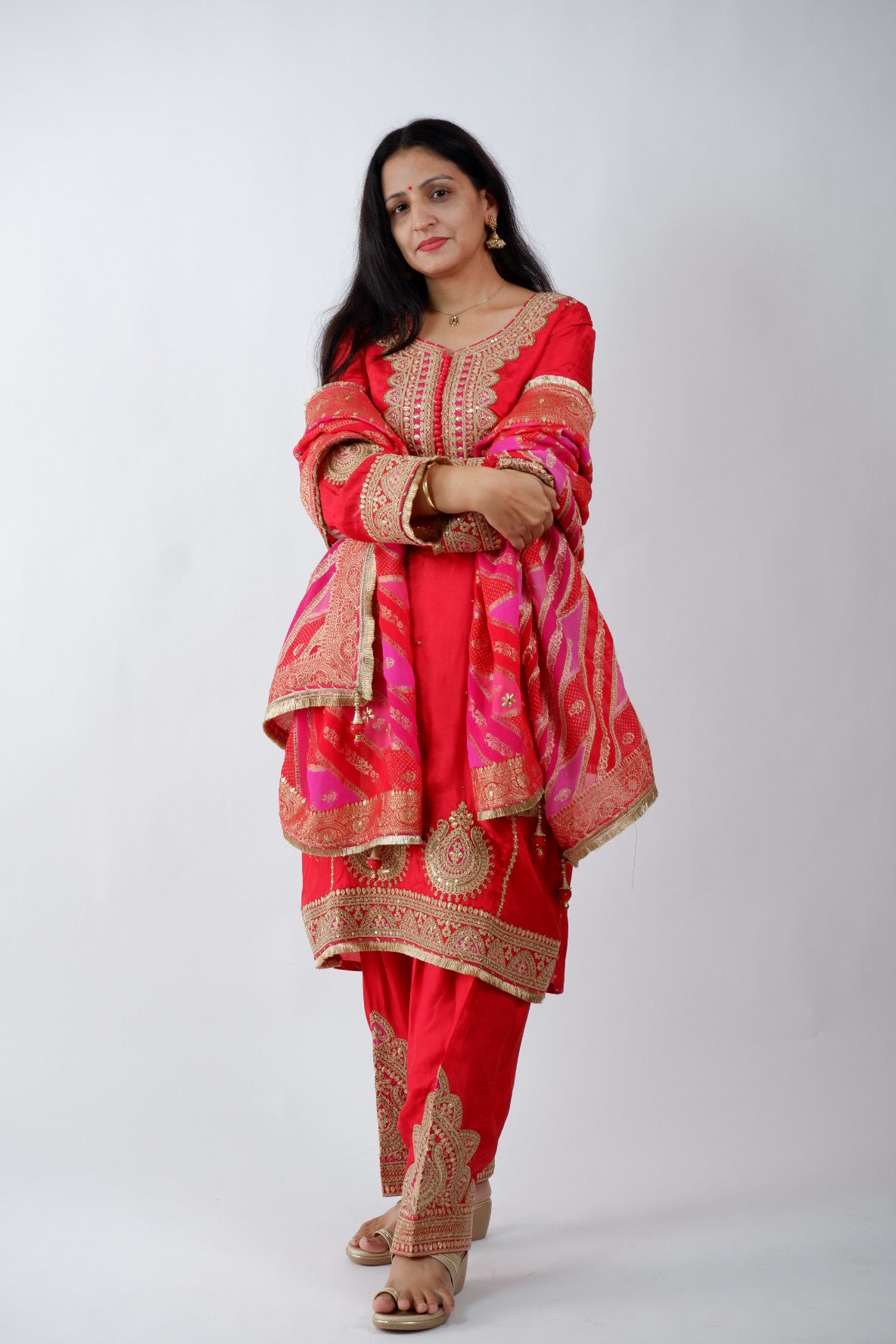 DH235-Classic Red Suit With Golden Embroidery And contrast Red Border