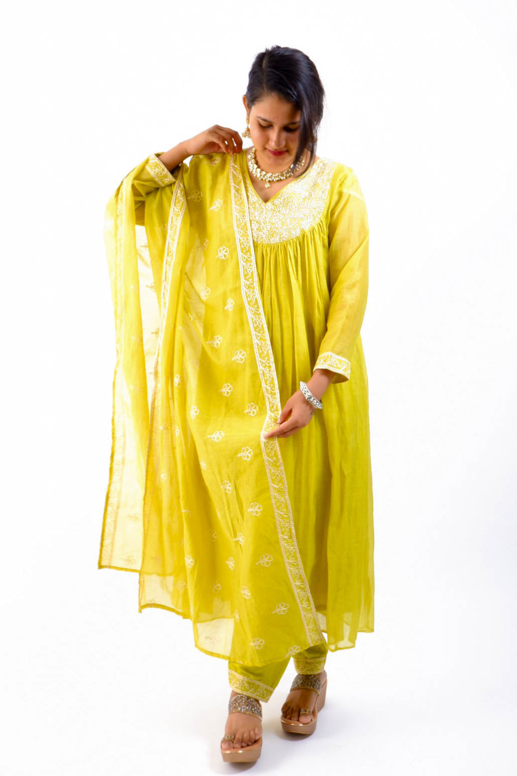 DH180-G-Lime Green Embroidered A line Set - Dharini's Store