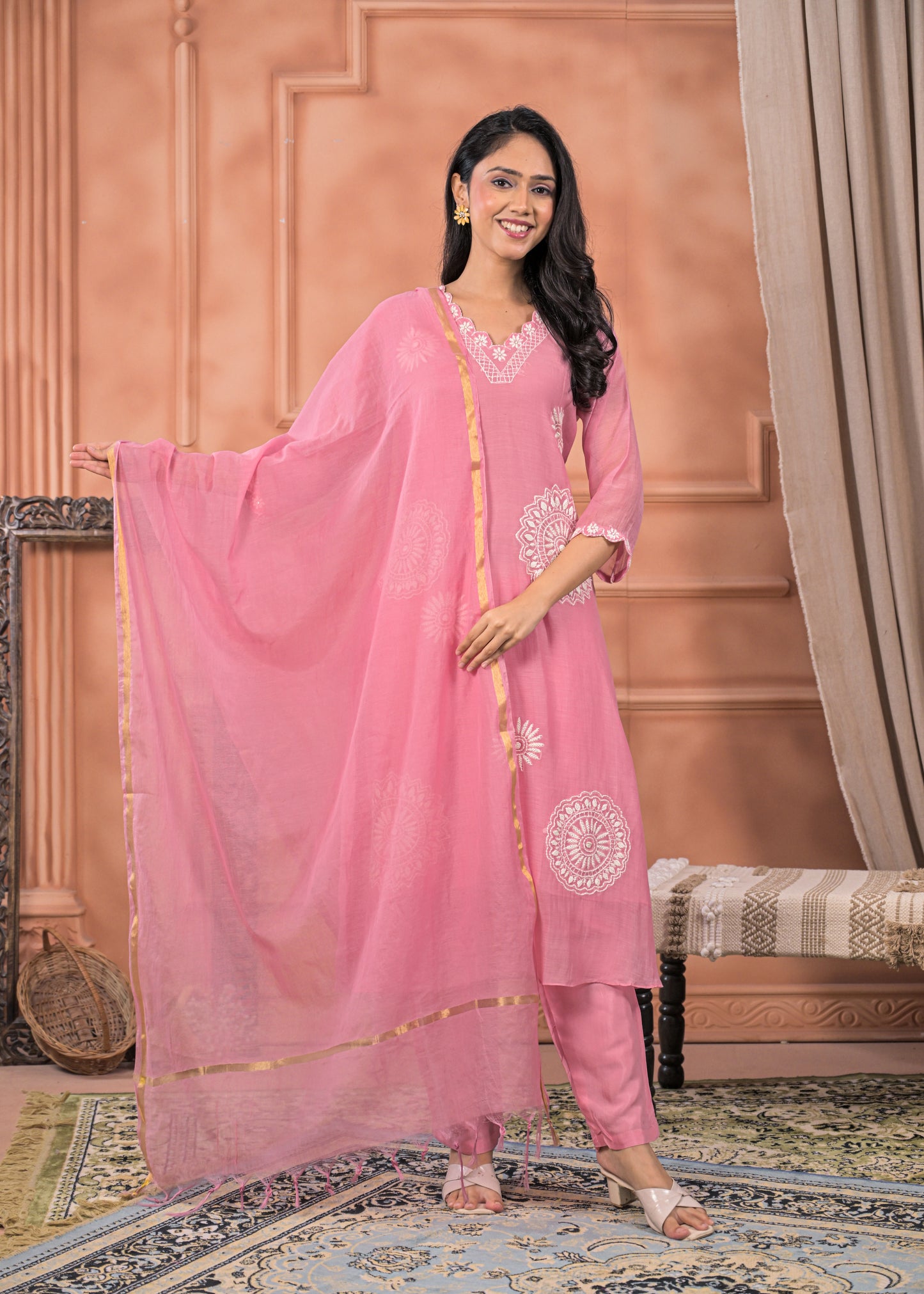 DH202- Chic Pink Embroidered Suit Set