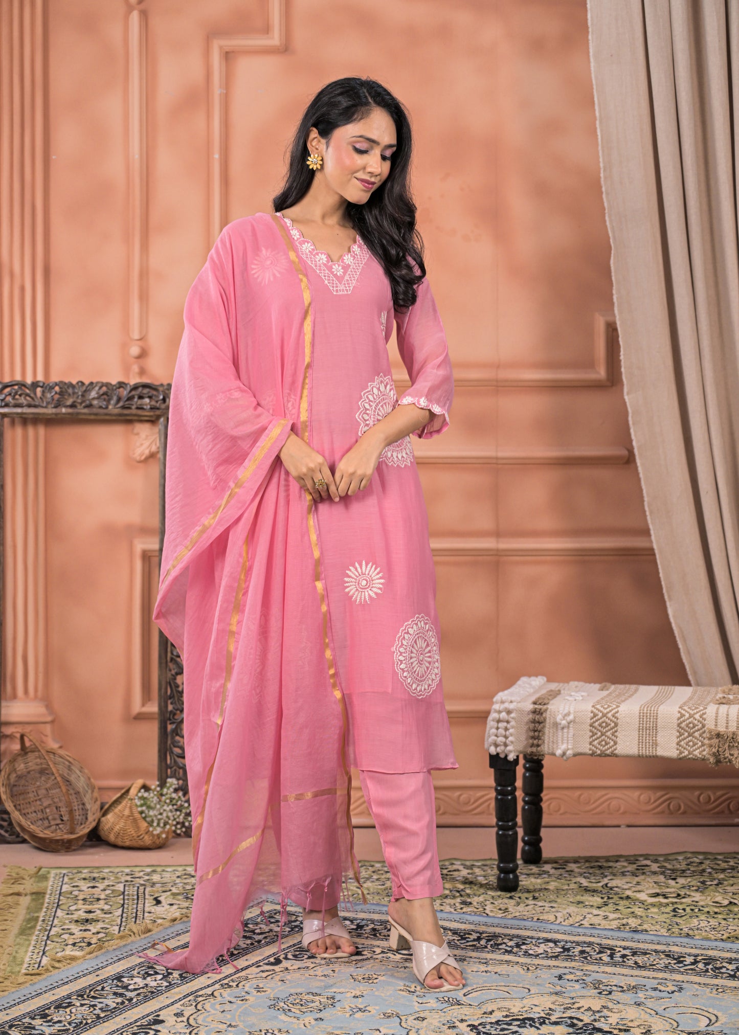 DH202- Chic Pink Embroidered Suit Set