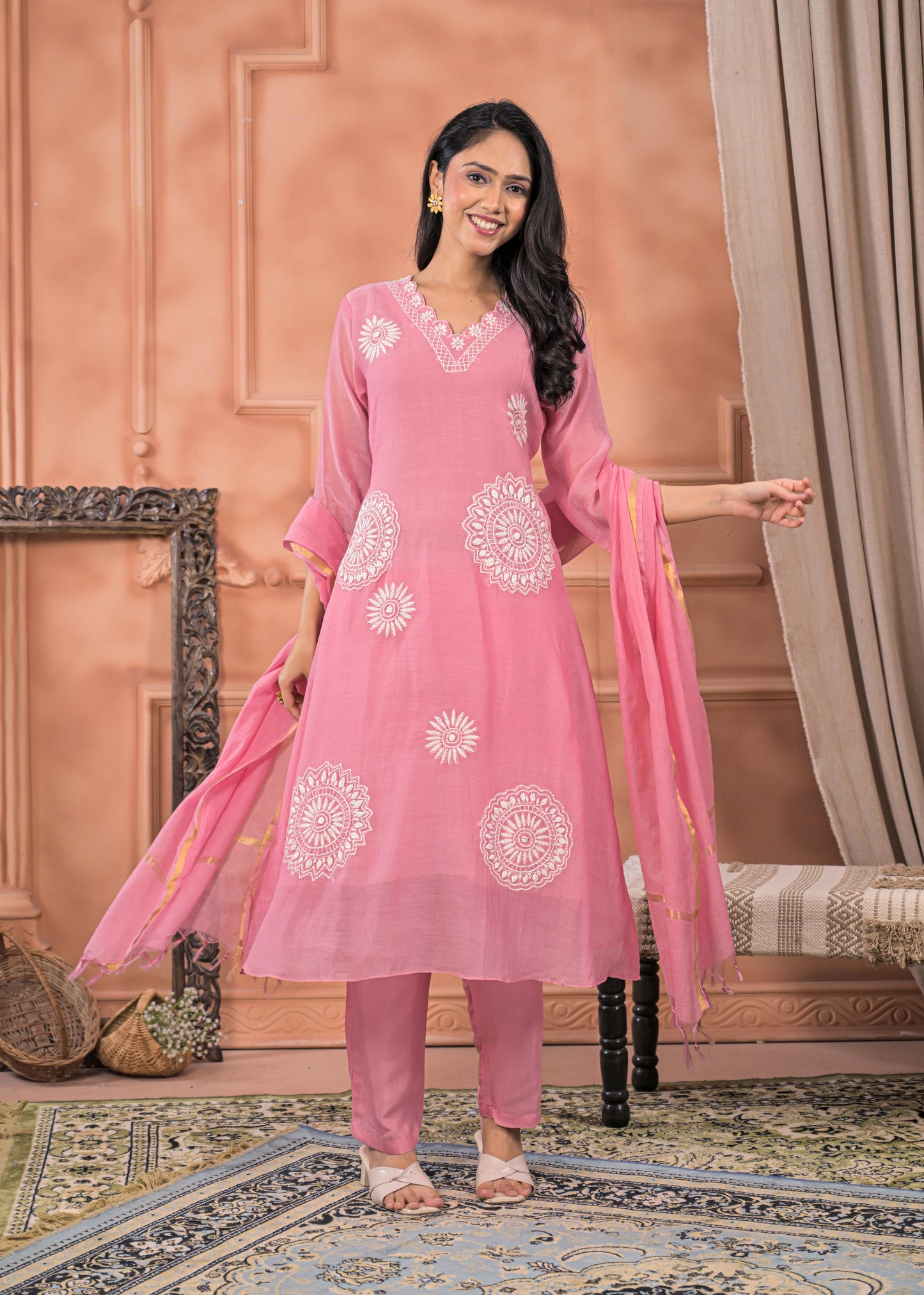DH202- Chic Pink Embroidered Suit Set