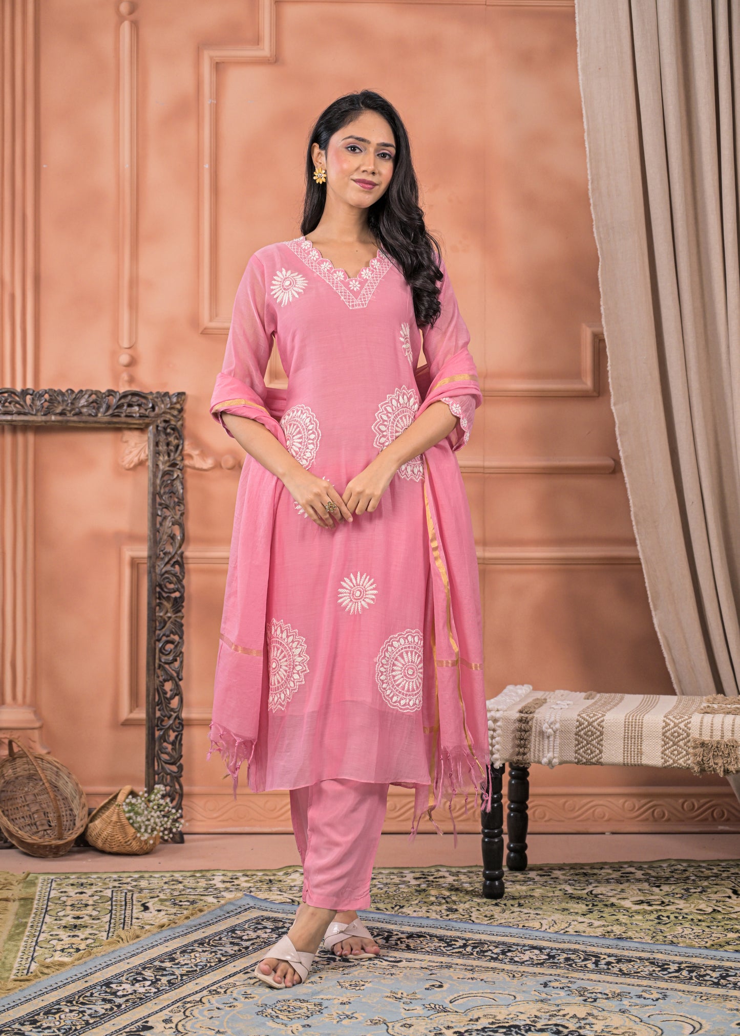 DH202- Chic Pink Embroidered Suit Set