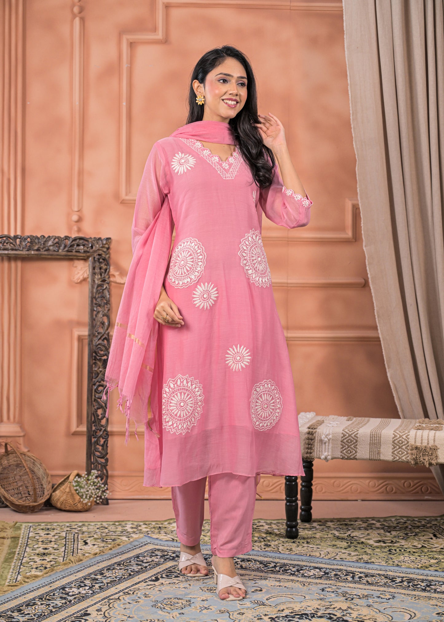 DH202- Chic Pink Embroidered Suit Set