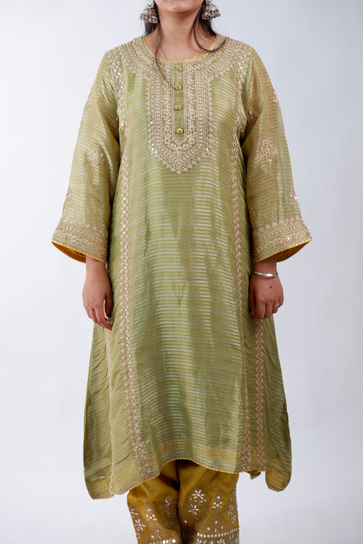 DH234-Olive GreenSuit With Intricate Golden Embroidery & Potli bag