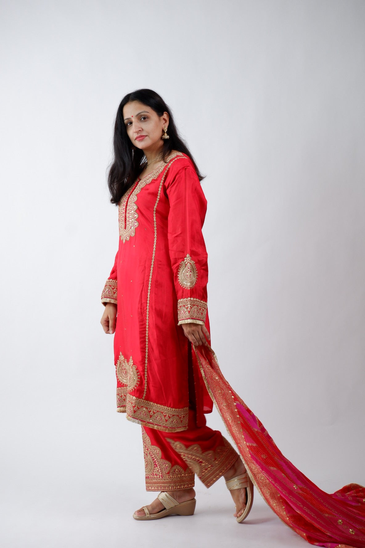 DH235-Classic Red Suit With Golden Embroidery And contrast Red Border
