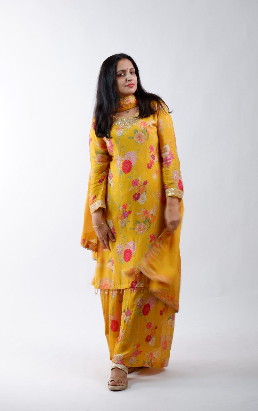 DH231-Mustard Yellow Floral Suit with Embellished Neckline & Dupatta