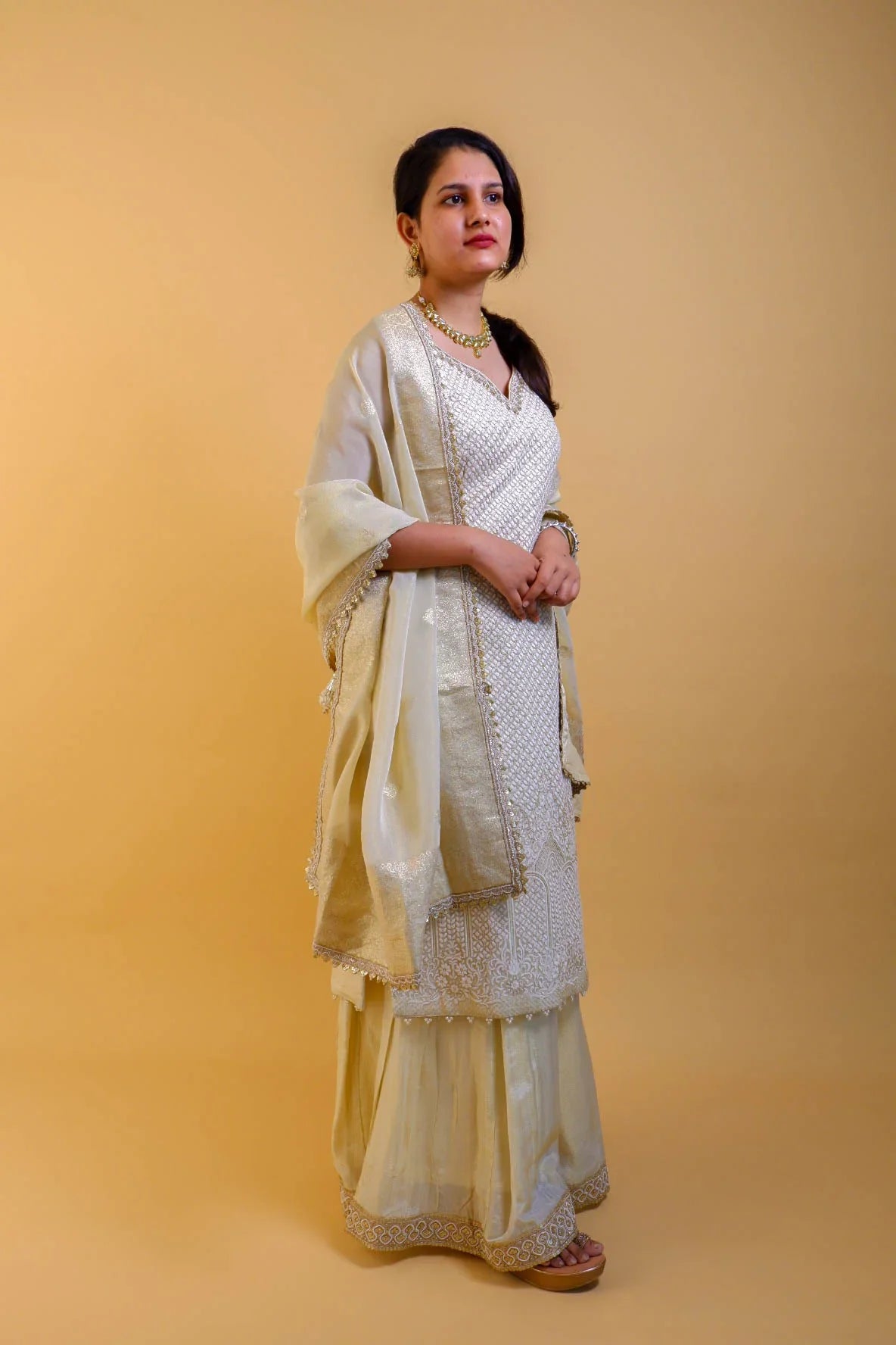 DH 147-Classic Golden Beige Embroidered Suit Set - Dharini's Store