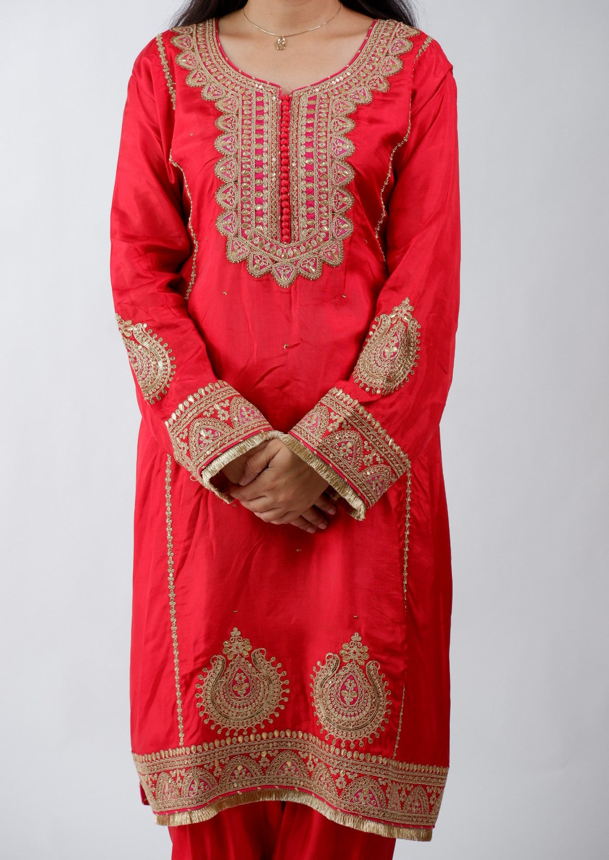 DH235-Classic Red Suit With Golden Embroidery And contrast Red Border