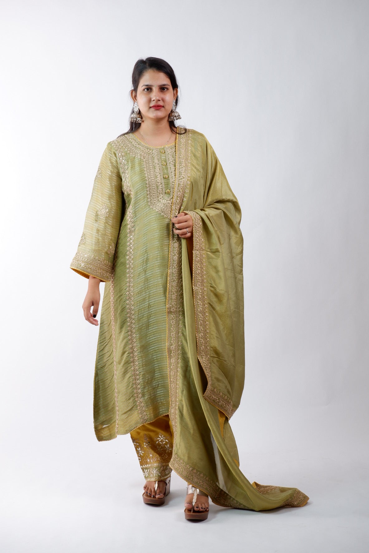 DH234-Olive GreenSuit With Intricate Golden Embroidery & Potli bag