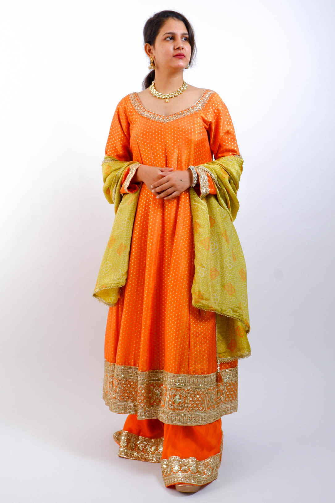 DH146-O-Orange Green Anarkali Sharara Suit - Dharini's Store