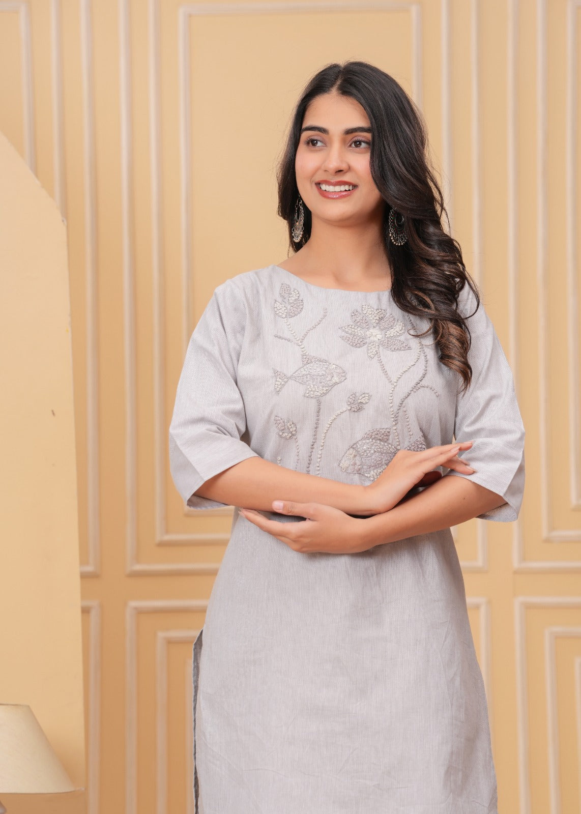 DH188- Elegant Grey Embroidered Kurti Set
