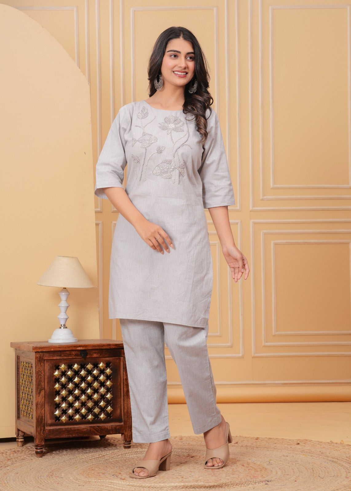 DH188- Elegant Grey Embroidered Kurti Set