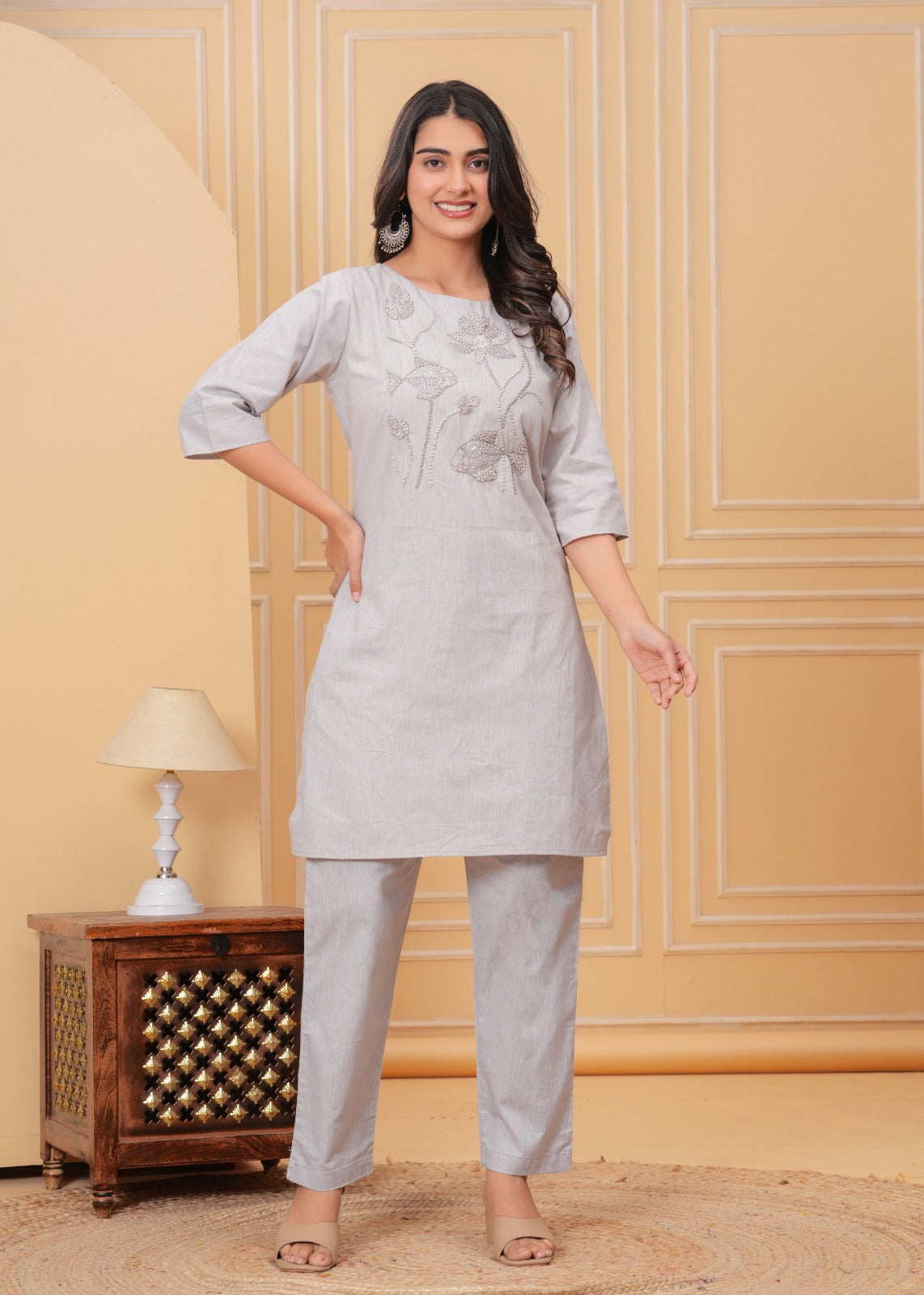 DH188- Elegant Grey Embroidered Kurti Set
