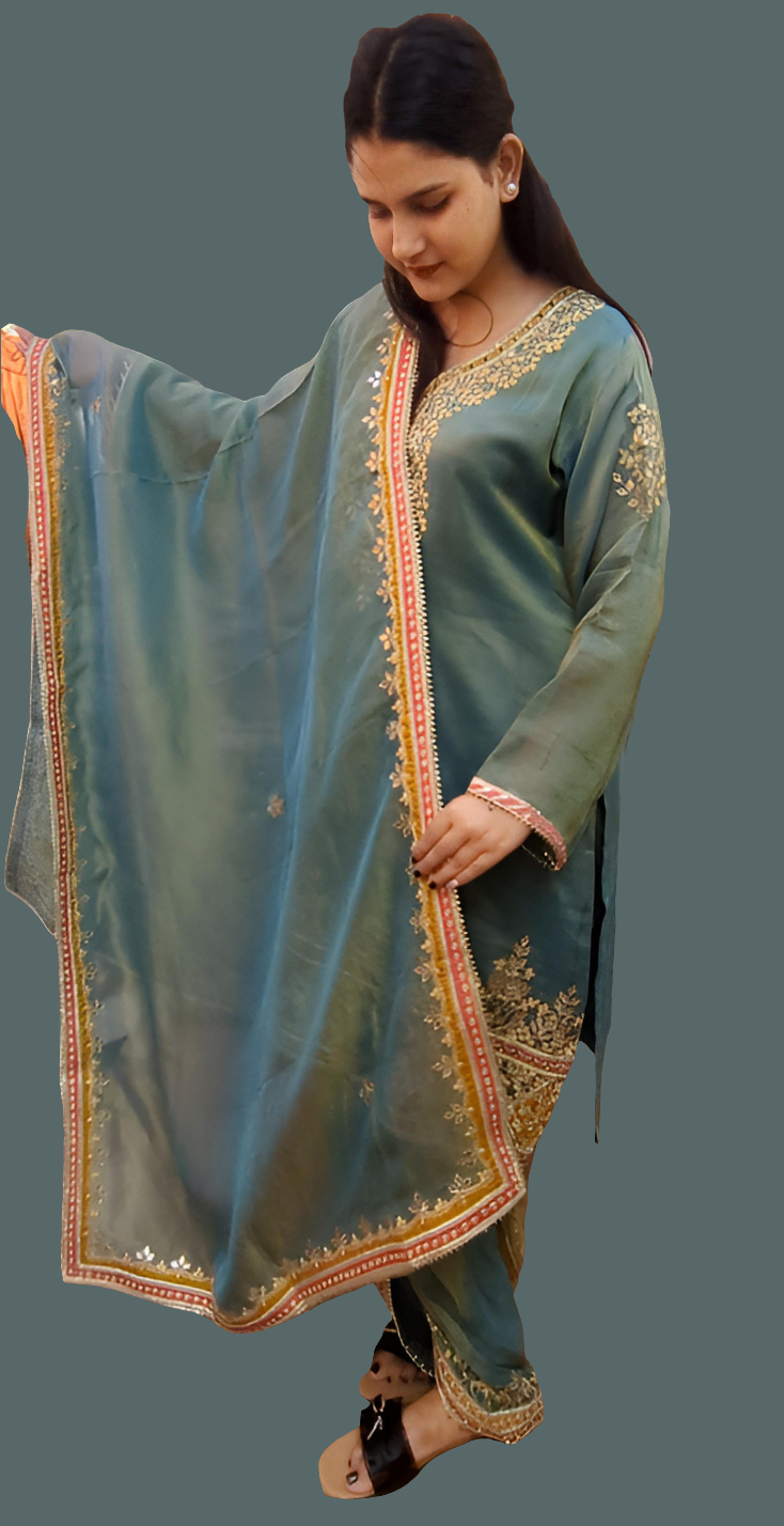 DH236-Teal Green Suit With Golden Embroidery And Contrast Red Border