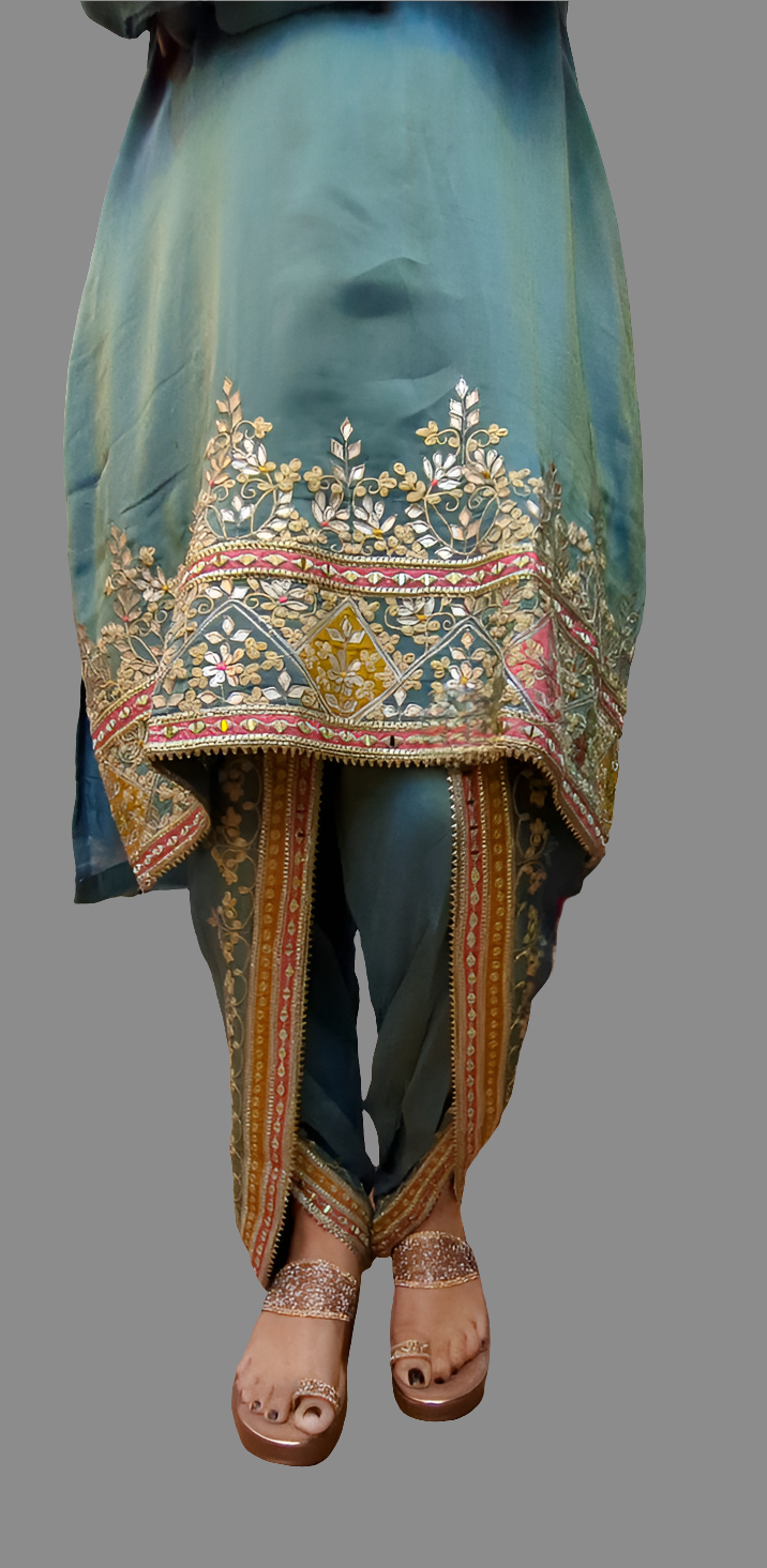 DH236-Teal Green Suit With Golden Embroidery And Contrast Red Border