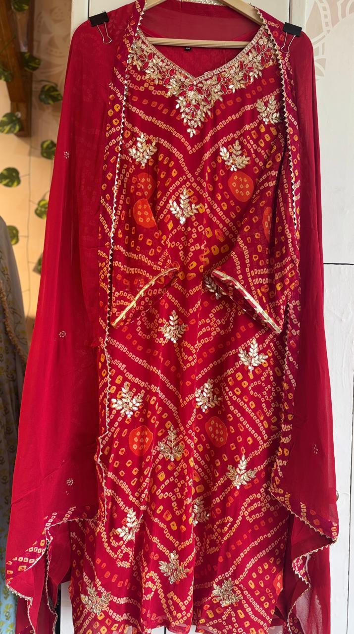Red Georgette Bandhani suit online with golden embroidery and matching dupatta from Dharini's Store