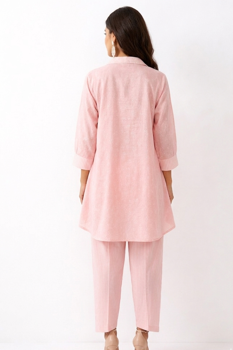 DH313-Elegant Peach Printed 2-Piece Co-Ord Set with Collar Neck