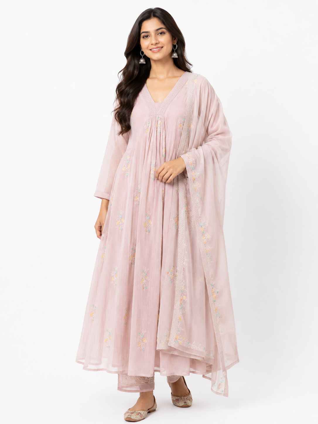 DH322-Blush Pink Mul Chanderi Embroidered A-Line Suit Set with Dupatta