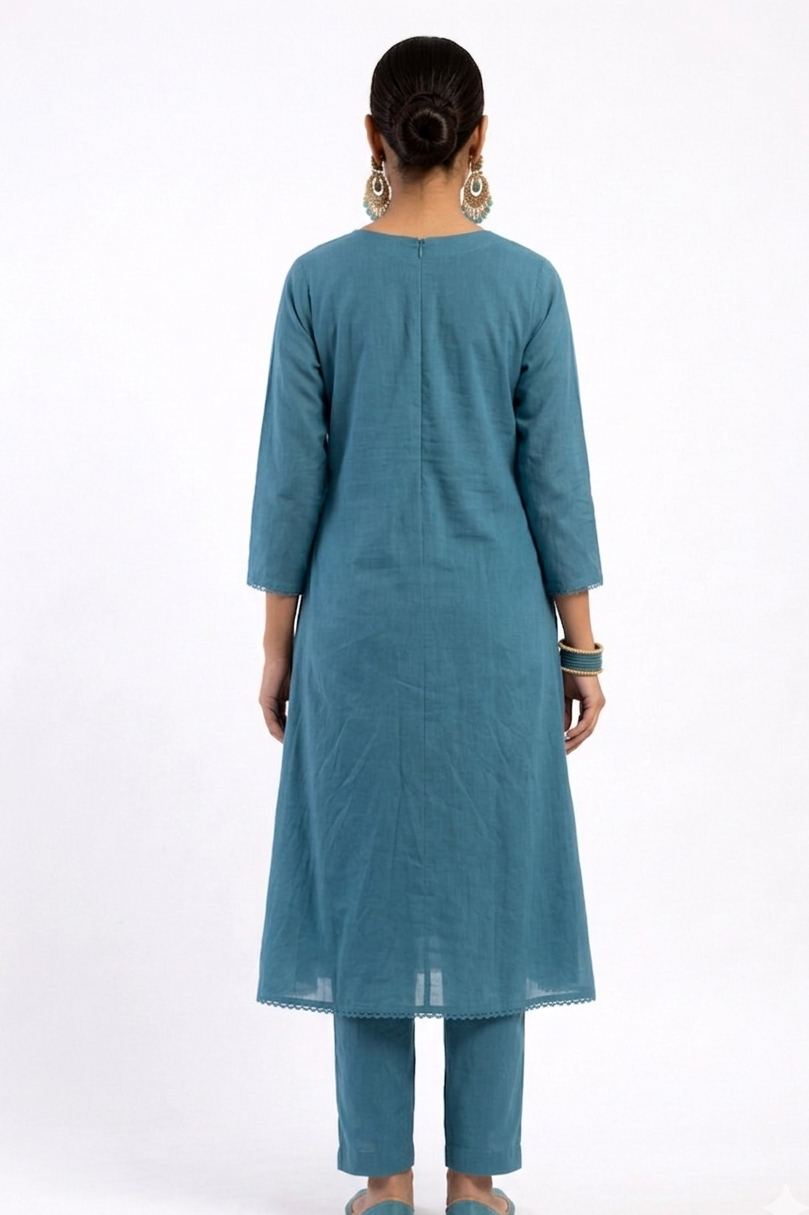 DH306-Elegant Teal Blue Embroidered Kurta Set with Dupatta