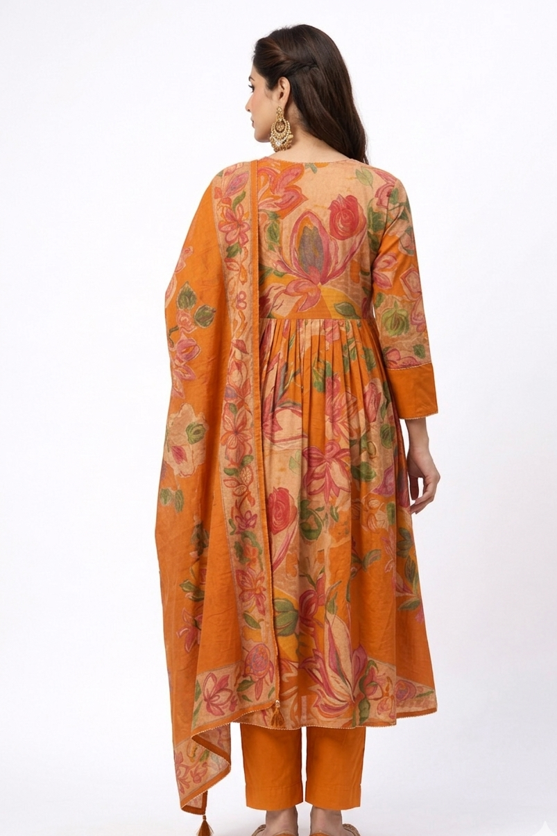 DH305- Vibrant Orange Floral A-Line Kurta Set with Dupatta