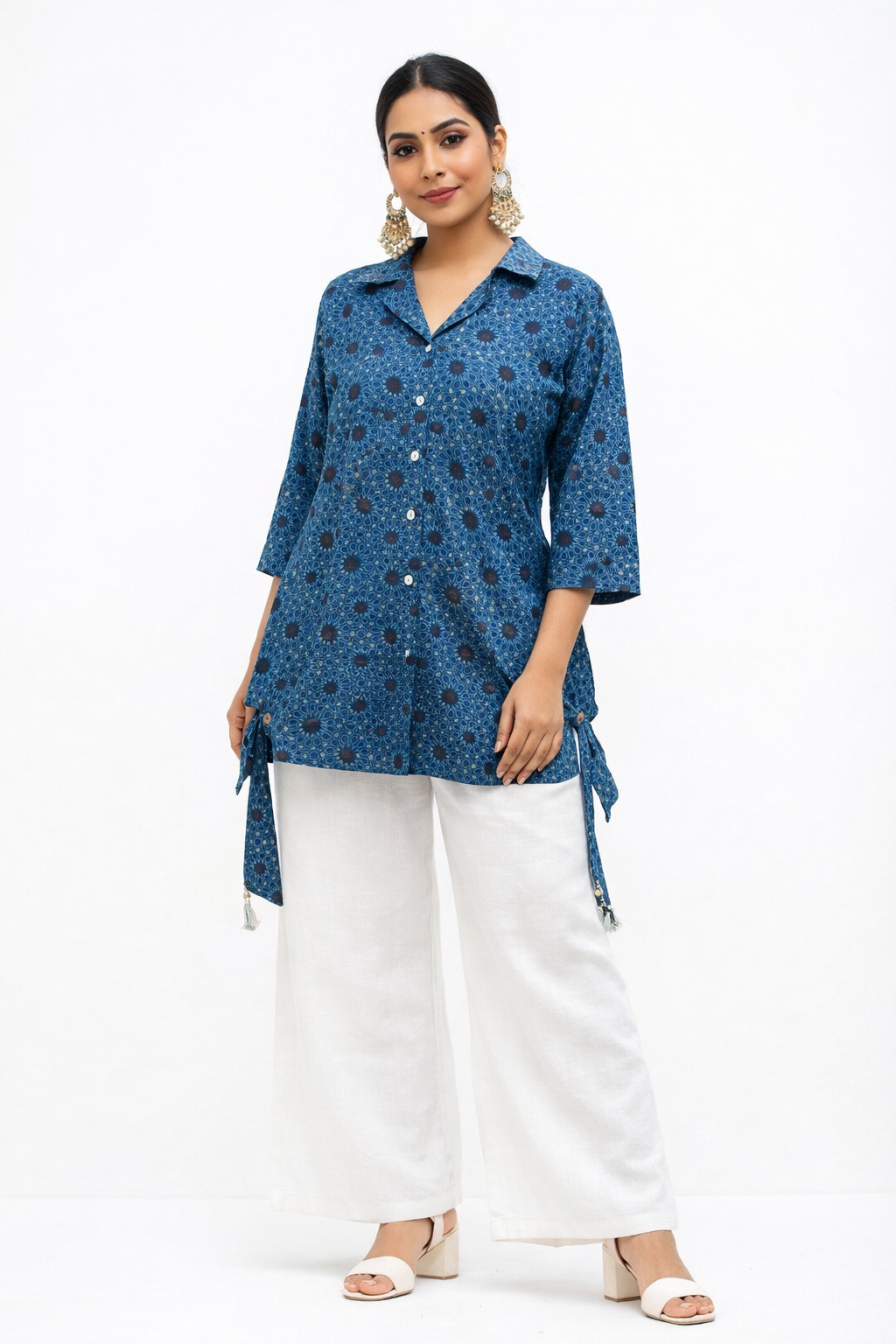 DH300-Blue Printed Cotton Kurti with White Palazzo Pants