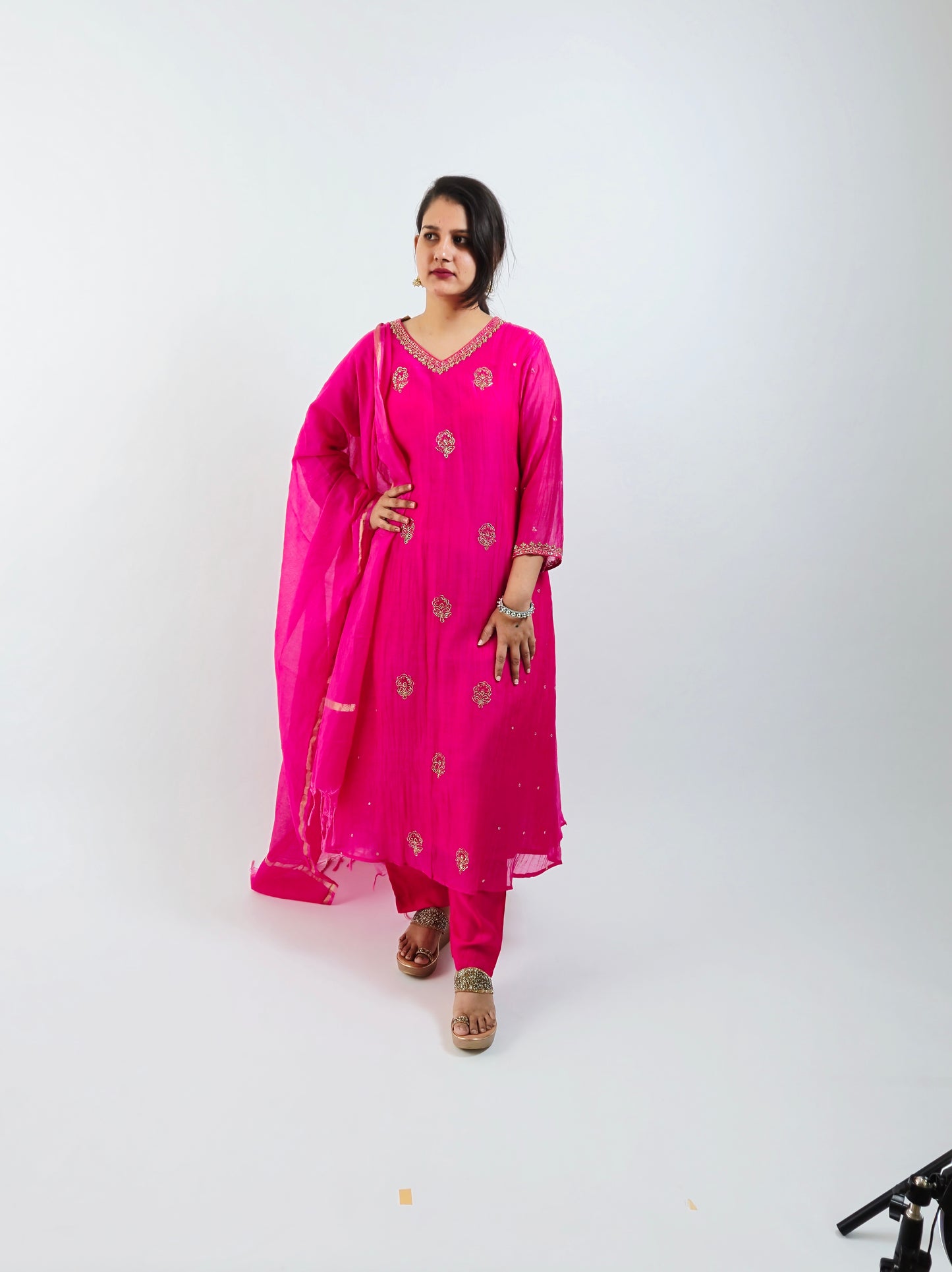 DH179-P-Rani Pink Embroidered Mul chanderi A line set - Dharini's Store