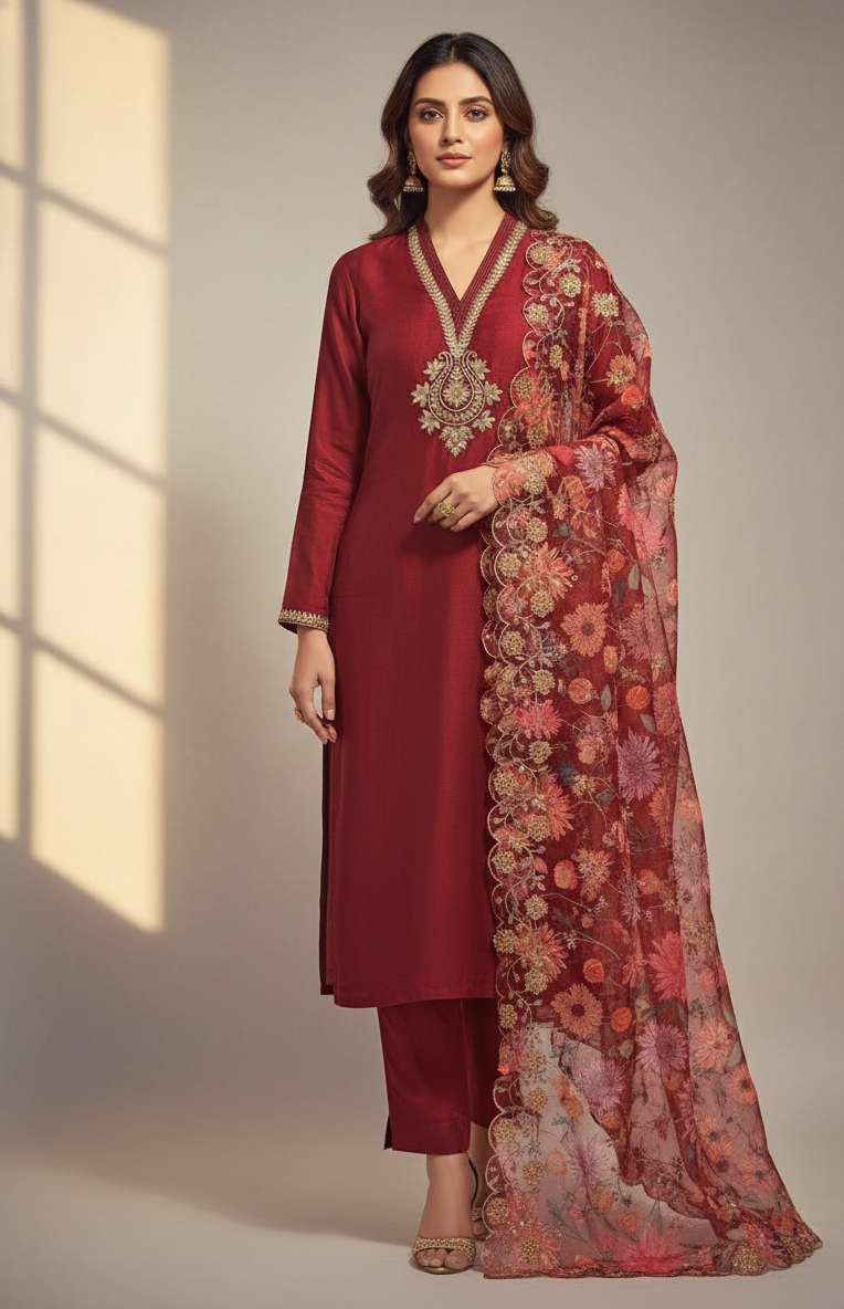 DH002R-Unstiched Cherry Red Silk Suit for Women with Floral Embroidery