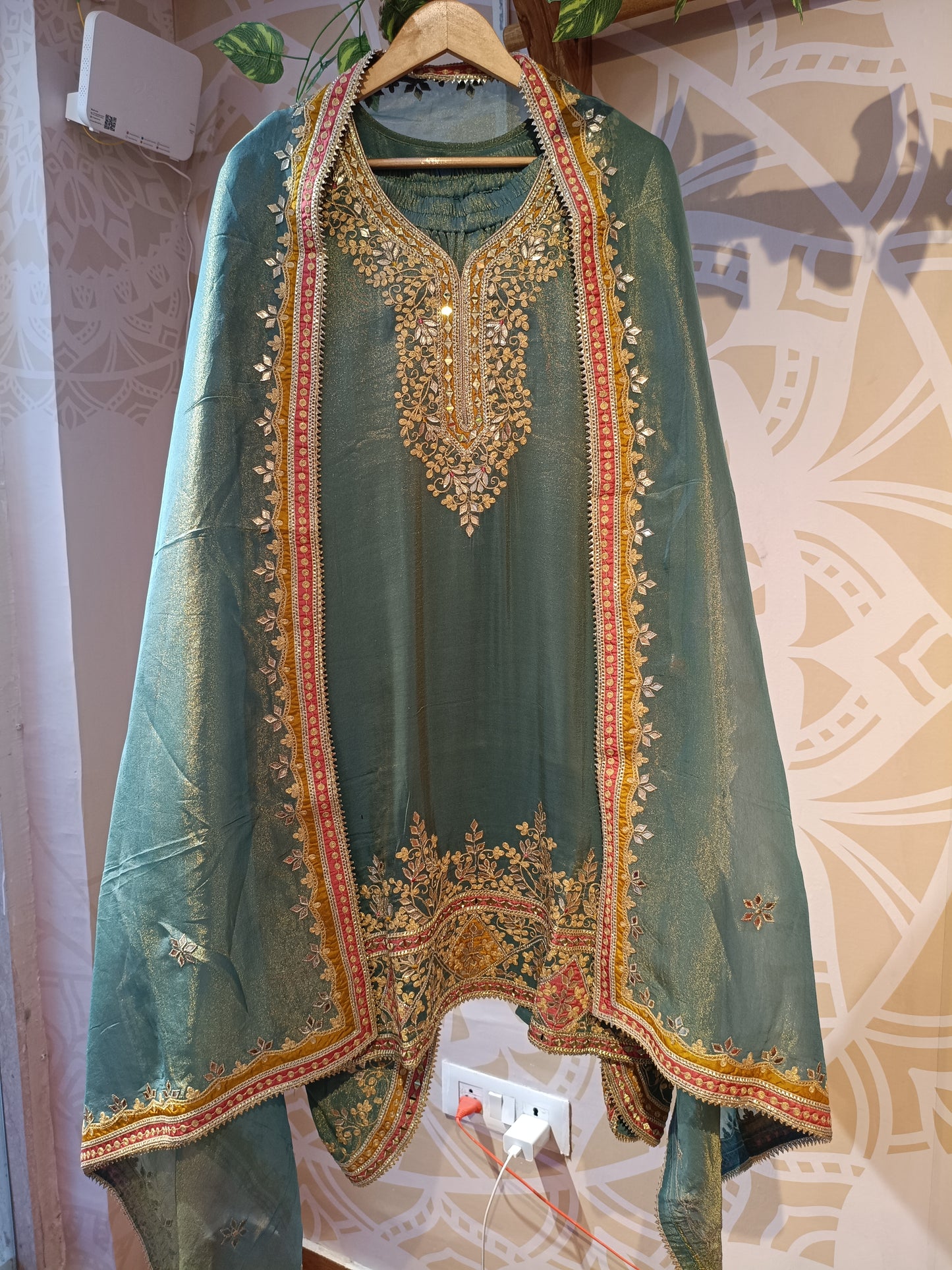 DH236-Teal Green Suit With Golden Embroidery And Contrast Red Border