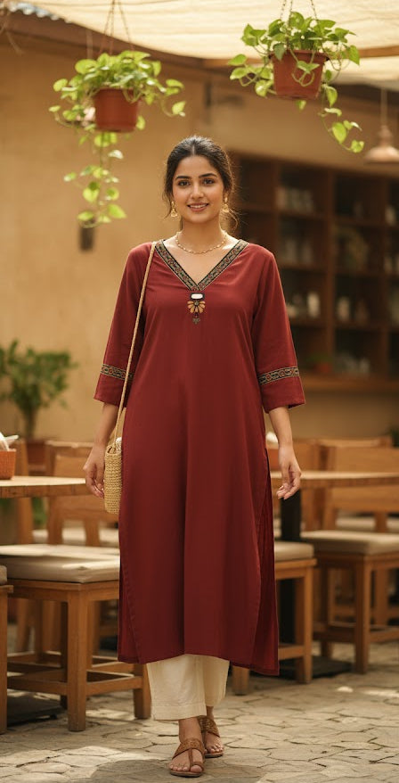 DH206-Elegant Maroon V-Neck Kurti with Embroidered Detailing