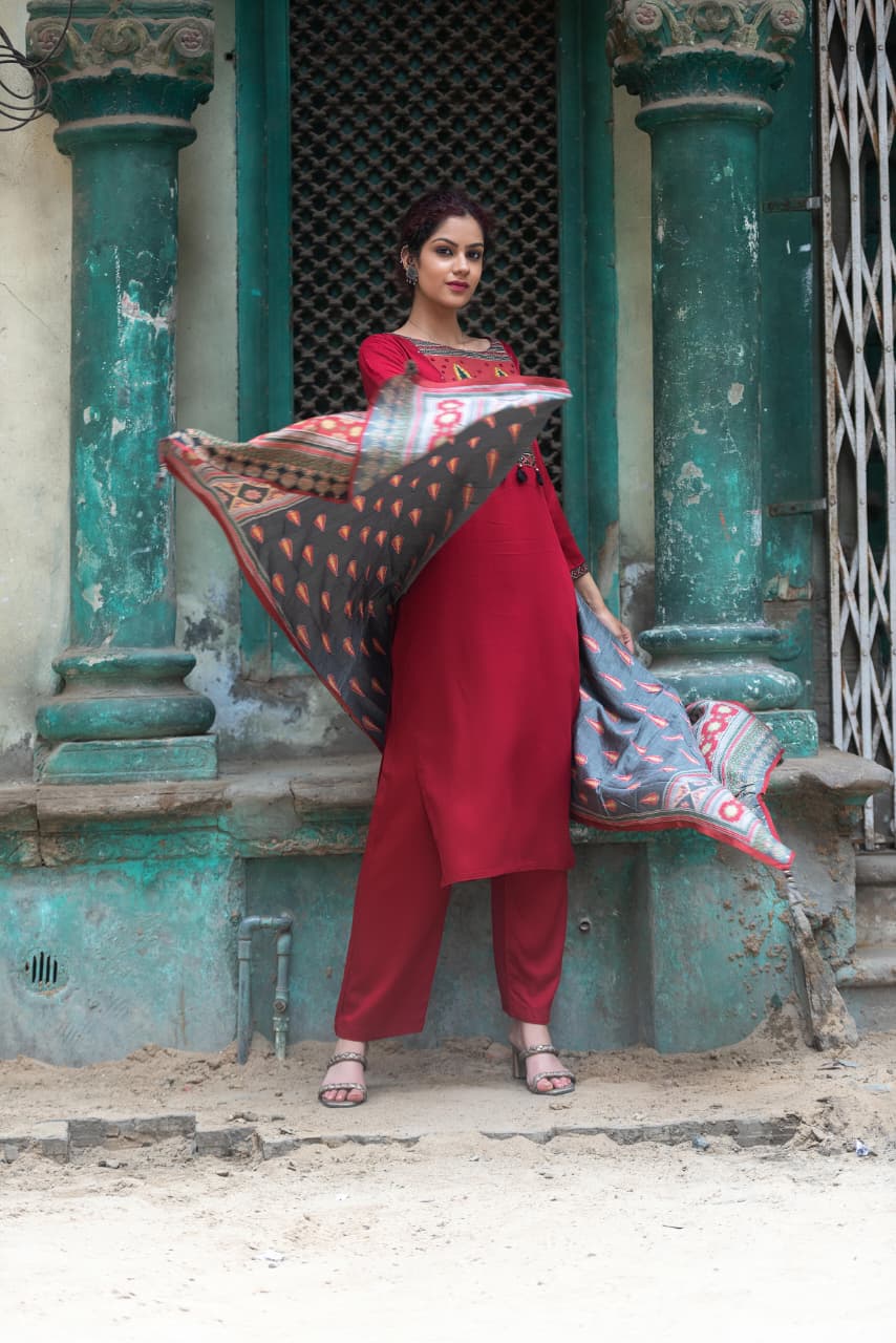 DH203-Red & Black Three Piece Muslin Cotton Red Suit Set