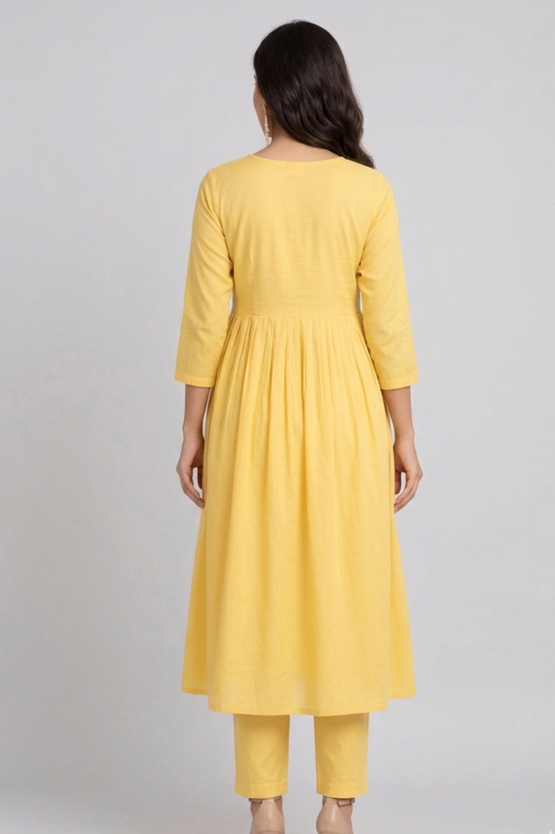 DH312-Bright Yellow Floral A-Line Kurta Set with Dupatta