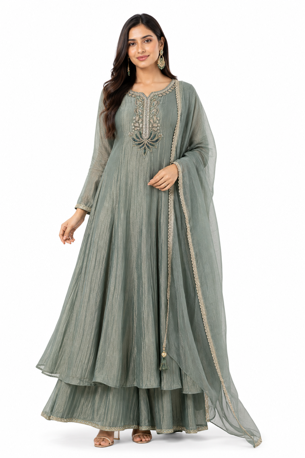DH325-Sage Green Tissue Shimmer Embroidered Suit Set with Dupatta