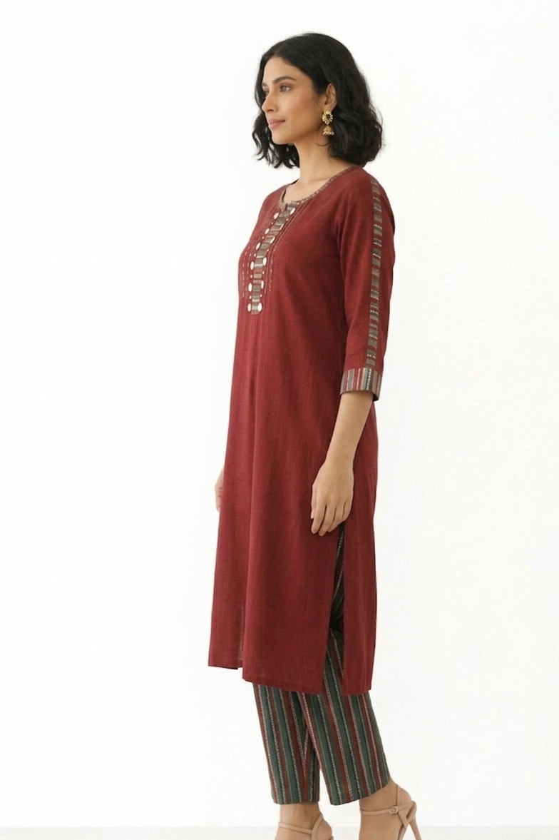 DH163R-Rust Maroon Mirror Work Suit Set