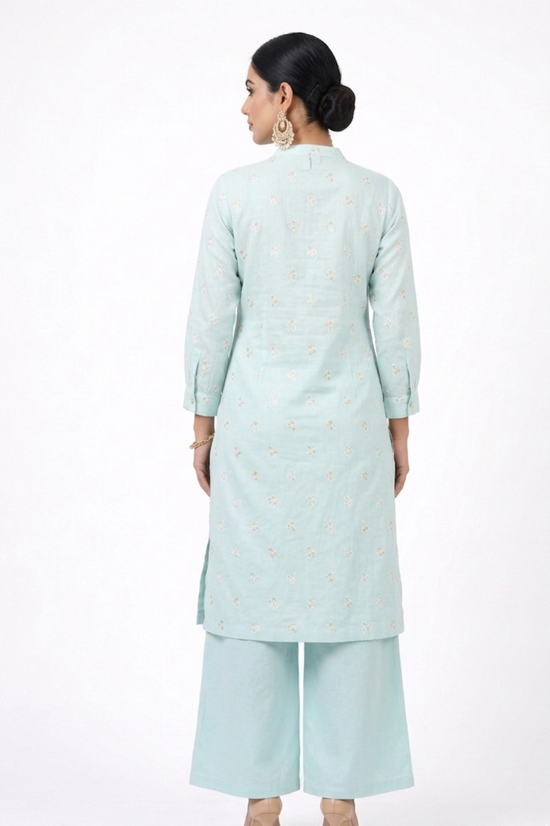 DH310-Elegant Pastel Blue Straight Kurti with Delicate Embroidery