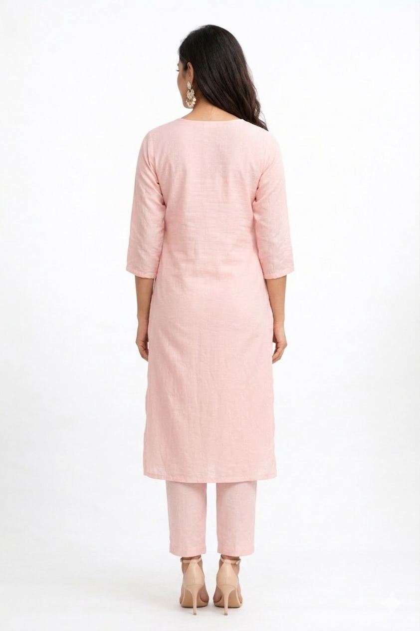 DH301-Elegant Pink Embroidered Cotton Kurta set with White Lace V-Neck