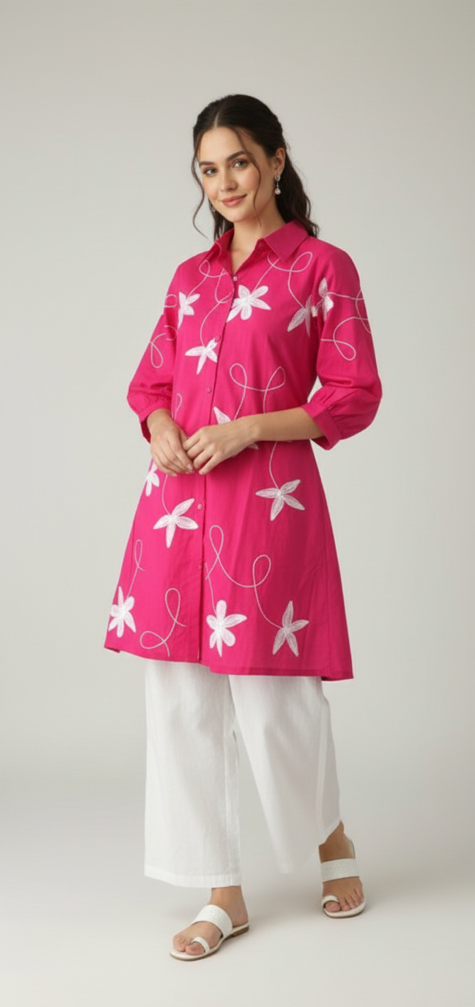 DH161P-White Pants & Pink Embroidered Tunic Set