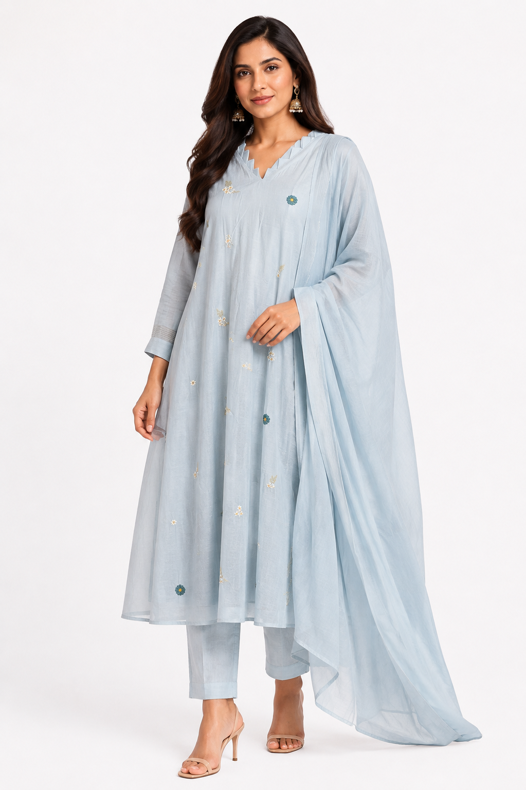 DH323-Sky Blue Mul Chanderi Embroidered A-Line Suit Set with Dupatta
