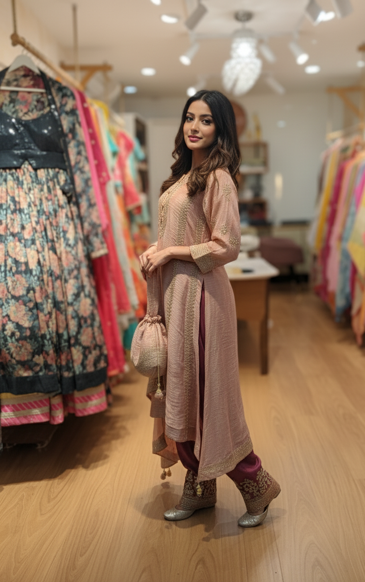 DH242-Elegant Peach Ethnic Ensemble Traditional Grace with a Modern Touch