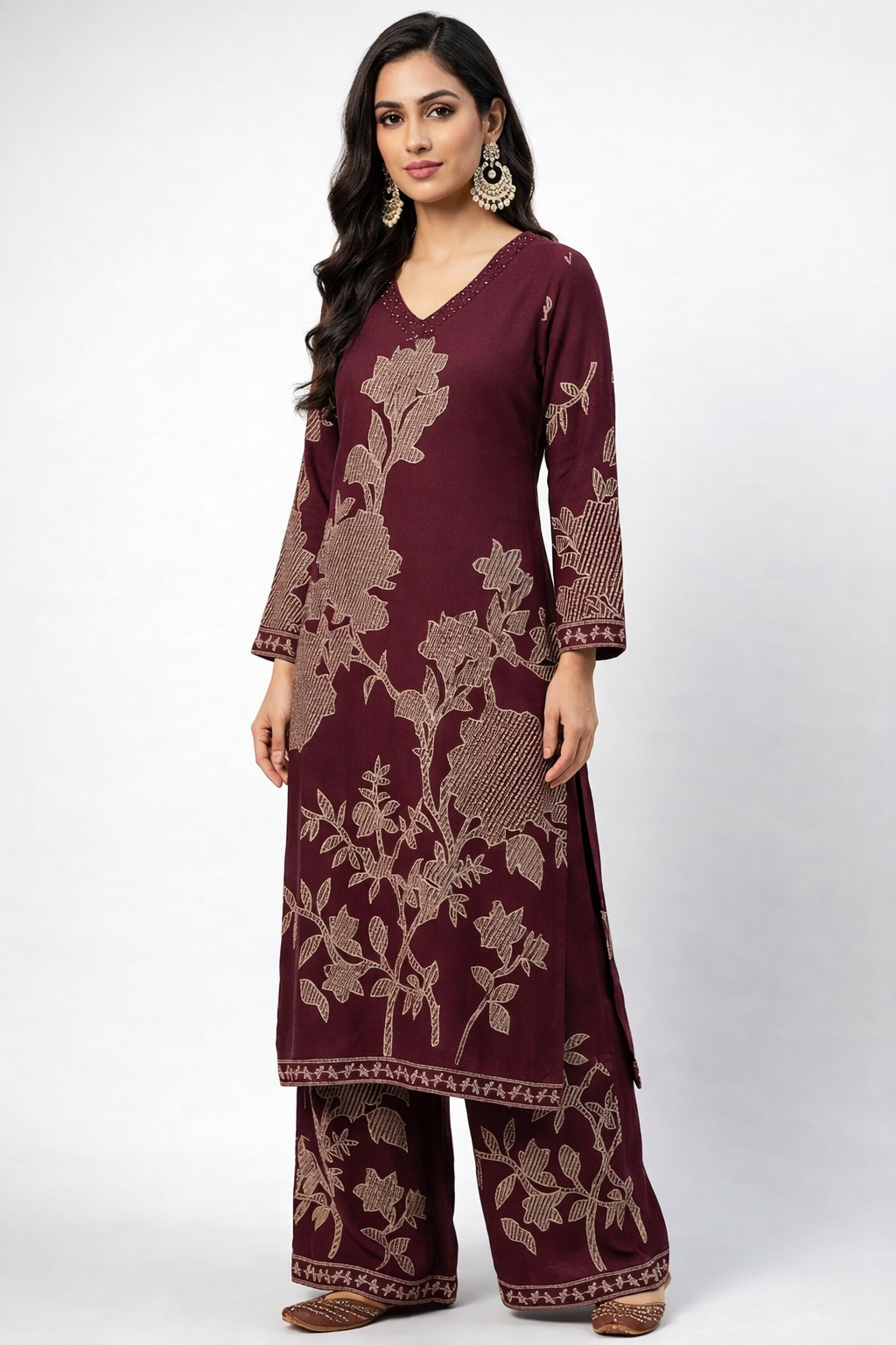 DH307-Elegant Wine Floral Printed Kurta Set with Palazzo