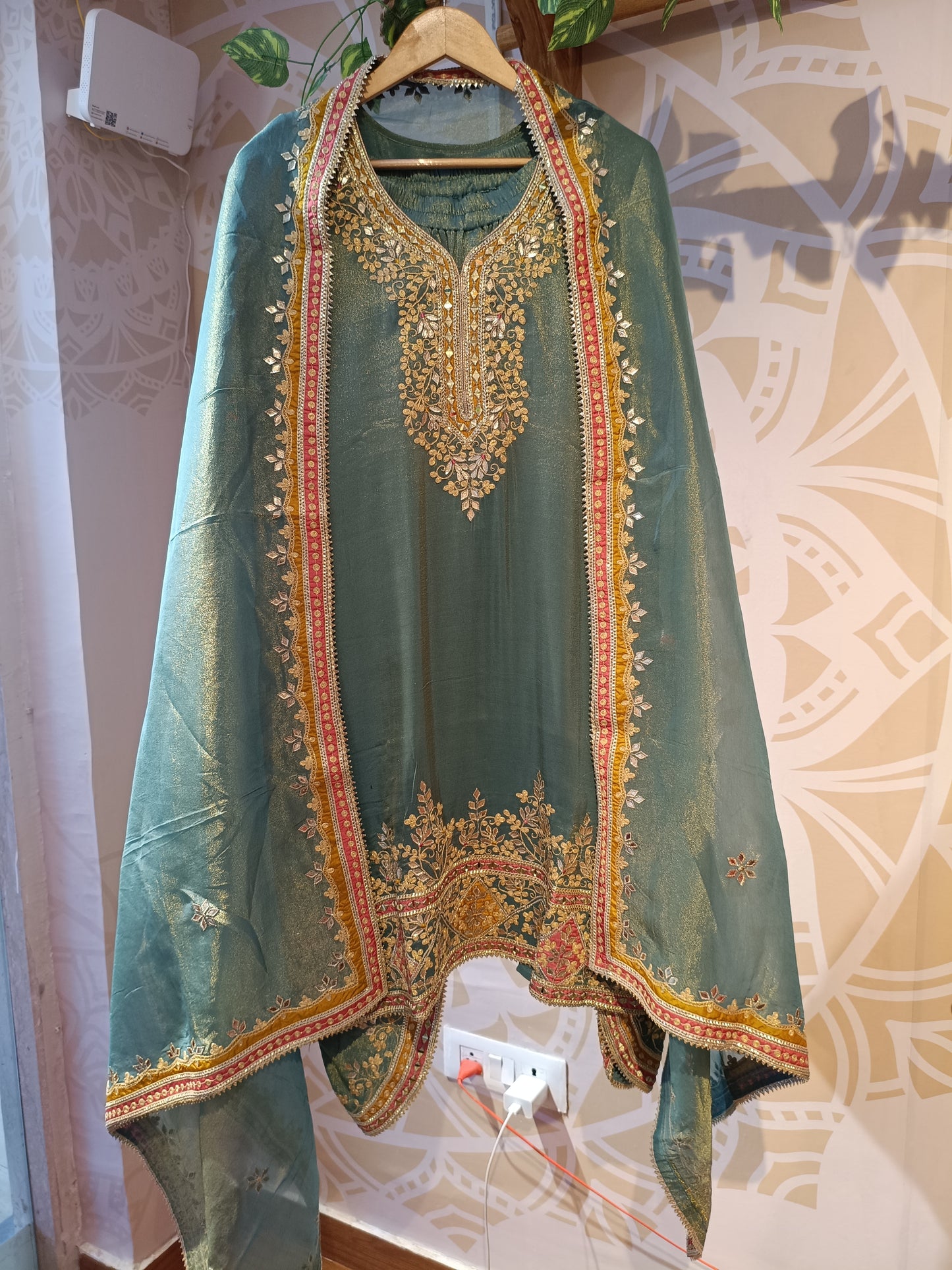 DH236-Teal Green Suit With Golden Embroidery And Contrast Red Border