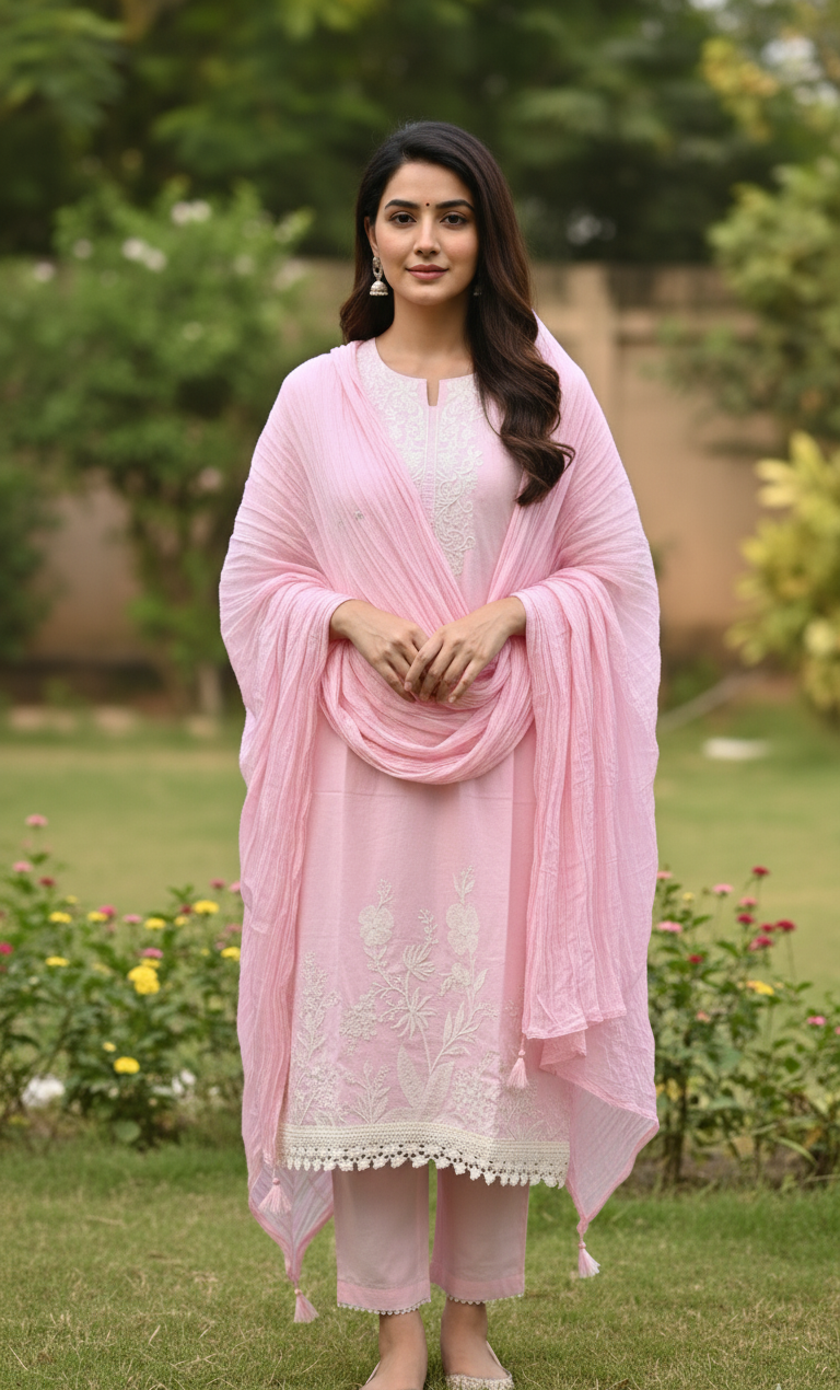 DH115P- Three Piece Cotton Kurta Set With Lace Pink Color